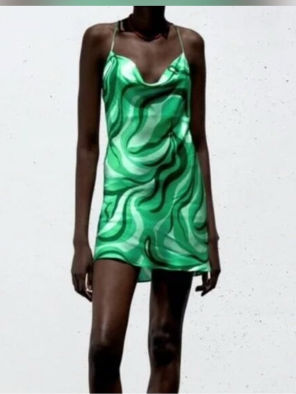 ZARA Safia Green Groovy Mini Slip Dress Size M Satin Cowl Neck Y2K 90s